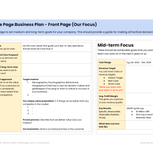 One Page Business Plan Front | Okinyo Mark